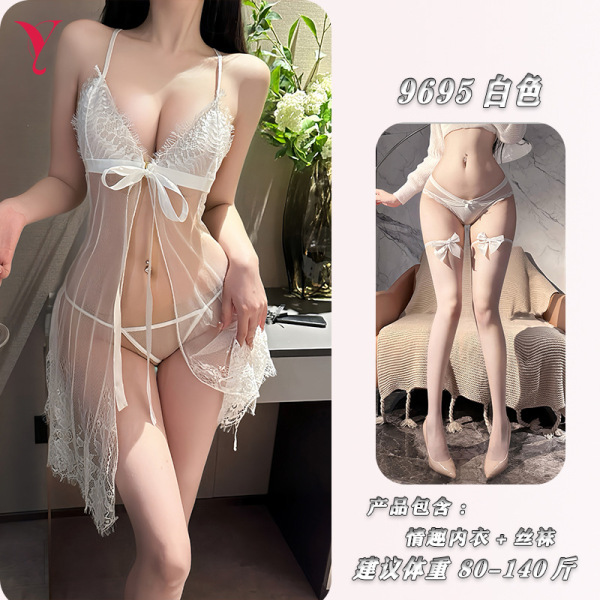 NightSigh NightSeduction Sexy Lace Sleepwear Set – Sheer Mesh Cami & Matching Briefs with Bow Detail - White slip dress + matching bow-tie stockings