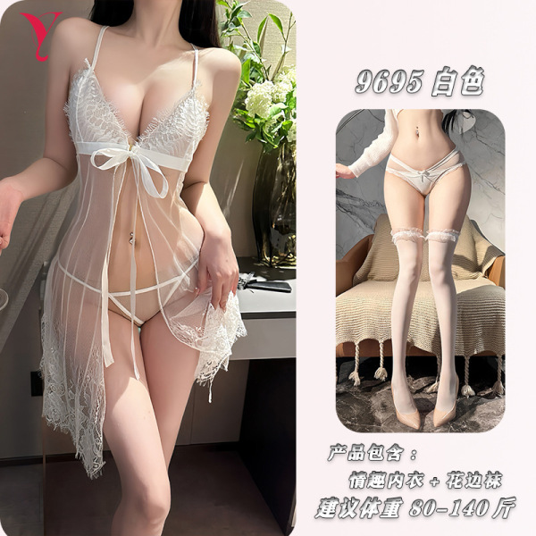 NightSigh NightSeduction Sexy Lace Sleepwear Set – Sheer Mesh Cami & Matching Briefs with Bow Detail - White slip dress + matching lace stockings