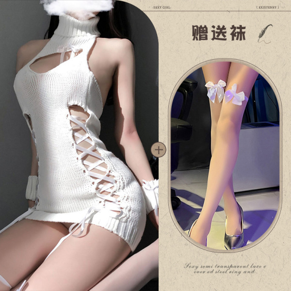 Qingran Sexy High-Neck Backless Lace Knit Lingerie Set – Seductive Hollow Mesh Outfit for Women - White stockings with white bow