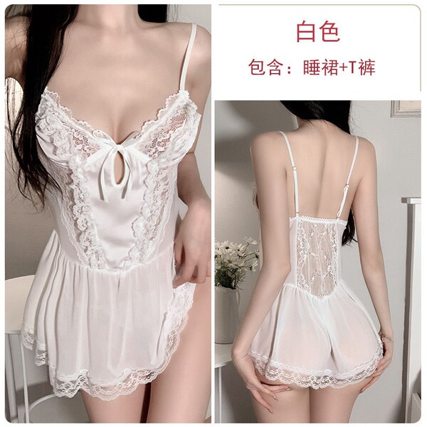 Sexy Lace Sheer Sleep Dress for Women – Sweet & Alluring Matching Loungewear Set - White stockings with white bow