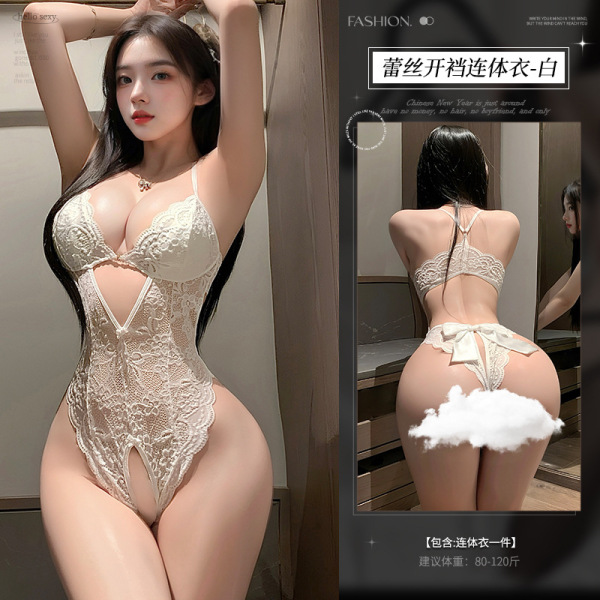Mannyan Sexy Lace Open-Crotch Bodysuit for Women – Sheer Provocative Sleepwear & No-Remove Lingerie - A-White-with-padded-chest [Single-piece bodysuit]