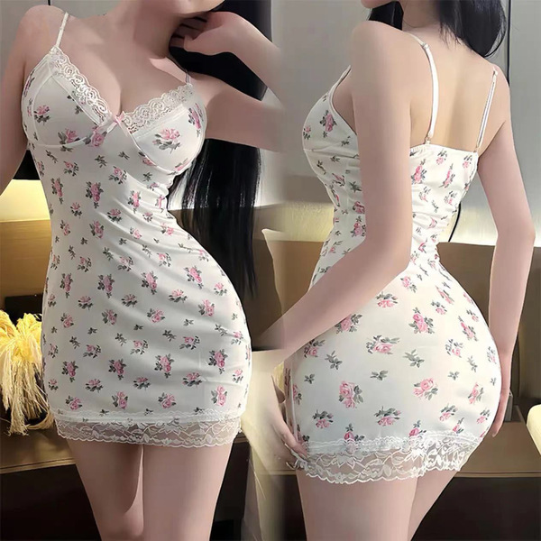 Sensual Lace Sleep Dress - Floral Pure & Sexy Mesh Cami Slip with Ruched Hip Fit for Fall - White [with bra pads] + white stockings