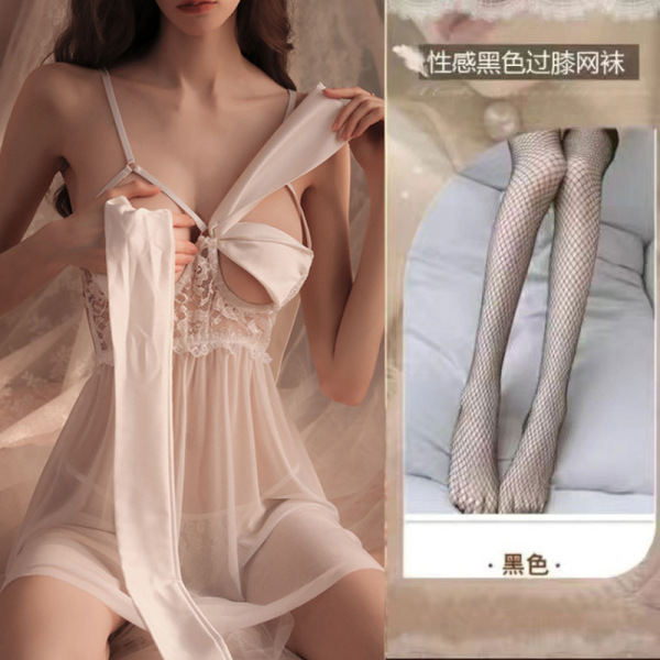 Lace Sensual Sleepwear Set - Sexy Underwire Push-Up Lounge Set for Small Bust Women - 0803 White butterfly nightgown + underwear + black fishnet stockings