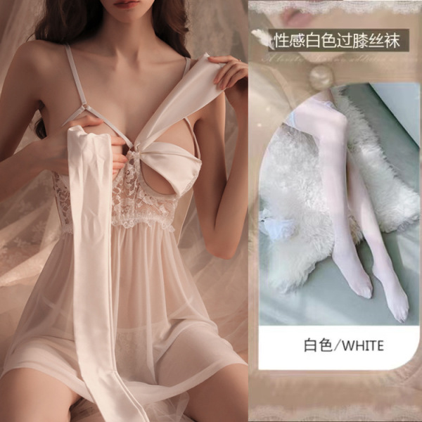 Lace Sensual Sleepwear Set - Sexy Underwire Push-Up Lounge Set for Small Bust Women - 0803 [Breast Support] White Butterfly Nightgown + Panties + White Stockings