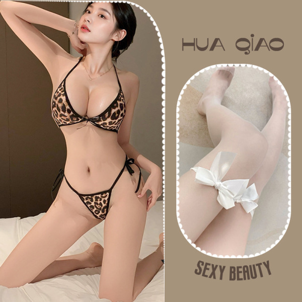 Leopard Print Lingerie Set for Women – Sexy Comfort Pure-Desire Halter Tie-Belt Sleepwear & Intimate Apparel - Image color + white bow-tie stockings
