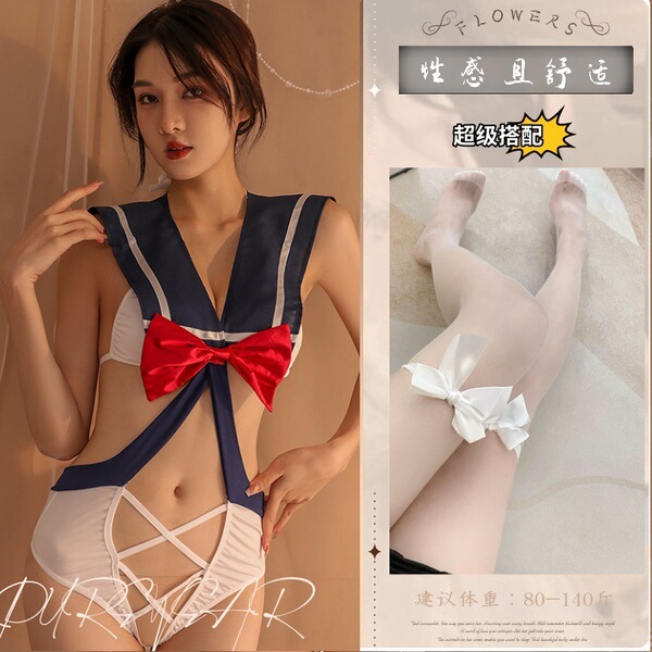 Floral Lace Sexy Bodysuit - Sailor Style Cut-Out Costume for Role Play & Intimate Wear - Image color + white bow-tie stockings