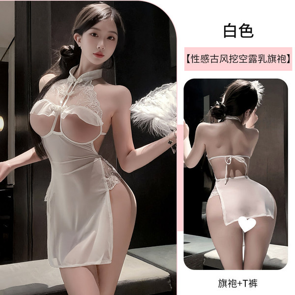 Sexy Lace Cheeky Qipao Sleepwear Set - Sheer Mesh Lingerie Costume for Women, Provocative Nightwear Outfit - White (including: cheongsam + T-shirt)