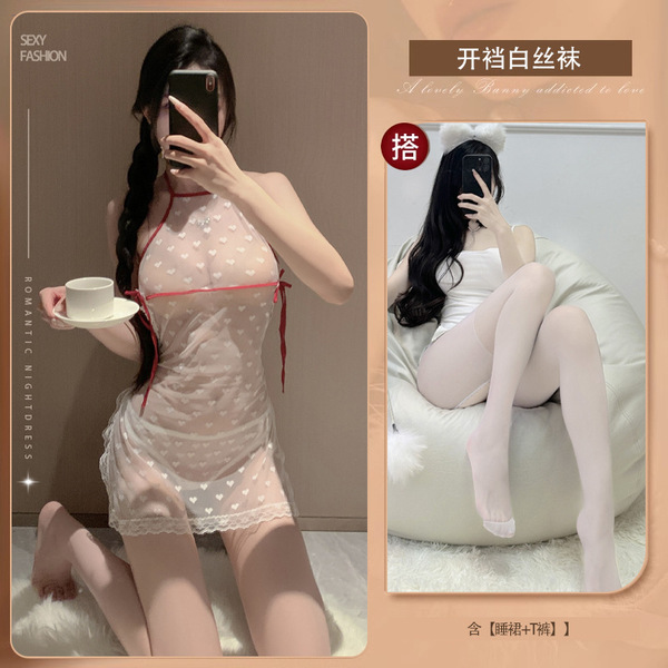 Sexy Sleepwear Set - Lace Heart Belly Top & Sheer Backless Nightgown for Role Play & Intimate Nights - White + open-crotch socks (white)
