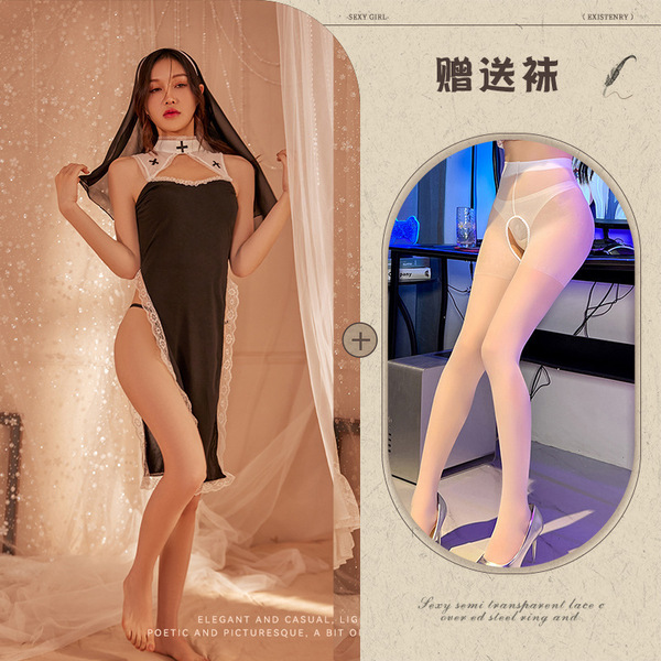 Midnight Temptation Sexy Nun Costume - Lace Bodice Role Play Outfit with Sheer Panels & High Slit - Picture set + white open-crotch socks