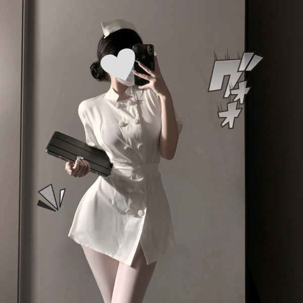Sexy Nurse Costume Lingerie Set - Seductive No-Remove Sleepwear with Bow-Tie Skirt & Round Neck Top - White [hair accessory + belt + dress] + matching socks