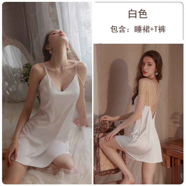 Seductive Ice Silk Backless Sleepwear Set - Sexy Lingerie Nightgown & Robe, No-Remove Passion Outfit, European Style - White (slip dress + T-shirt)