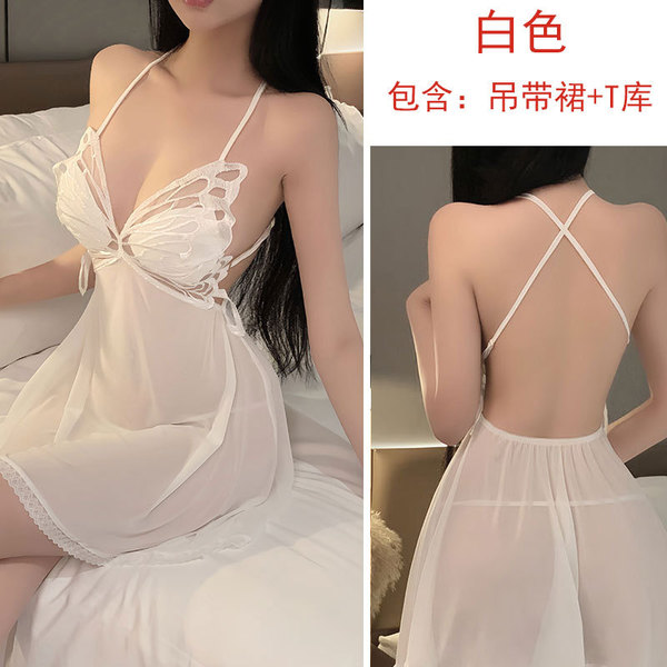 Red Sexy Lace Sleep Dress - Backless Sheer Plus Size Lingerie for Small Bust, Pure Temptation Nightwear - White slip dress + T-shirt