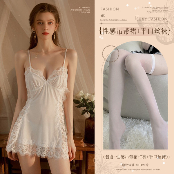 Sexy Lace Sleep Dress for Women – Pure & Tempting Sheer Mesh Babydoll Nightgown, Flirty No-Remove Lingerie Set - White (slip dress + thong + boxer stockings)