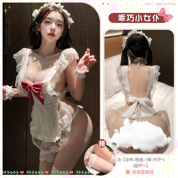 Mannyan Sexy Maid Costume Set – Low-Cut Roleplay Uniform & Seductive Lingerie for Cosplay & Date Night - White [headband + apron + thong + 2 bracelets + 1 leg ring] + stockings