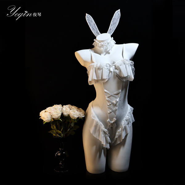 Rabbit Girl Lingerie Set - Sexy Tight-Fit Costume Sleepwear for Women, Pure & Tempting QQNY Style - White + lace stockings