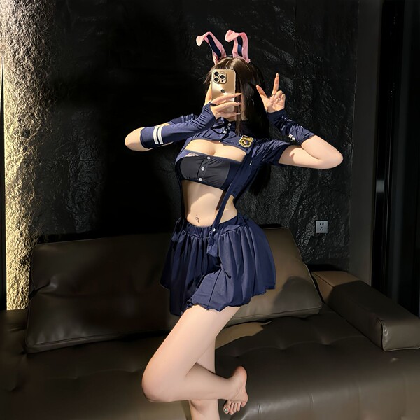 Flirty Bunny Police Officer Costume - Sexy Pure-Delight Bunny Girl Sleepwear Set with Mini Skirt - Suit + white lace stockings