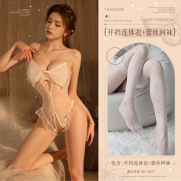 French-Style Sheer Lingerie Bodysuit with Large Bow & Open-Crotch Design – Busty-Looking, Bed-Ready, No-Remove Elegance - White (large bow crotchless bodysuit + lace fishnet stockings)