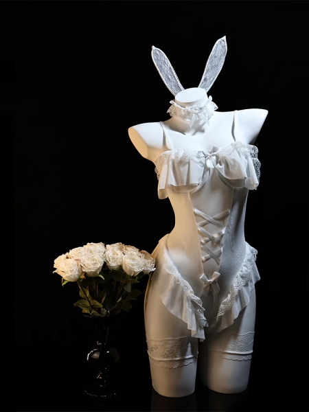 Pure & Playful Lingerie Set - Modest Yet Seductive Bunny Girl Sleepwear with Open-Crotch Design - White