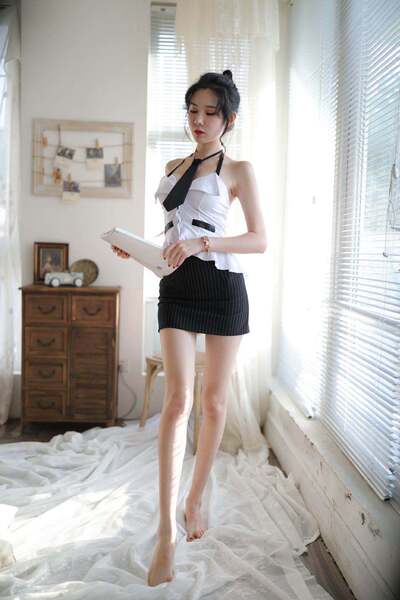 Mannyqing Secretarial Costume Set - Strapless Tie, Backless Striped Mini Skirt, Sexy & Playful Lingerie Outfit - Picture set + white fishnet stockings