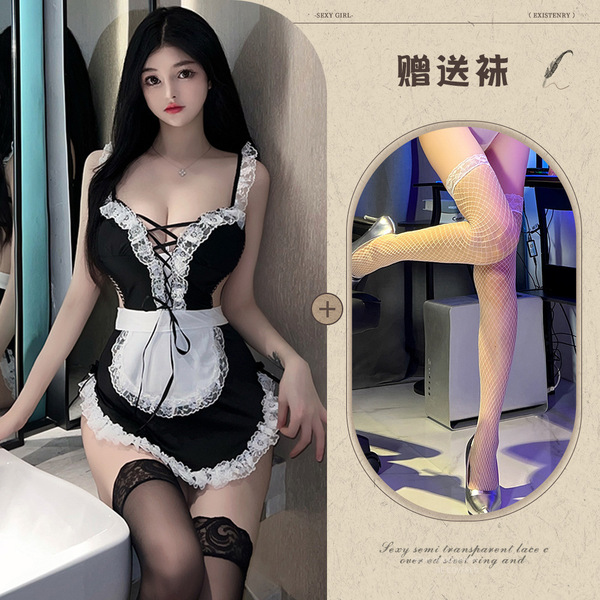 Night-Su Seductive Lace Maid Costume - Role Play Erotic Sleep Dress with Ties & Sheer Mesh - Picture set + white fishnet stockings