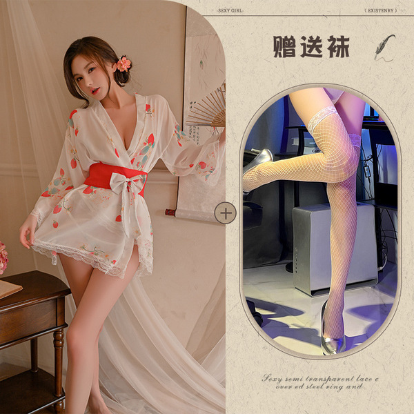 Pure & Playful Strawberry Lingerie Set – Japanese-Inspired Kimono-Style Lace Sleepwear with Bow Detail - Image color + white fishnet stockings