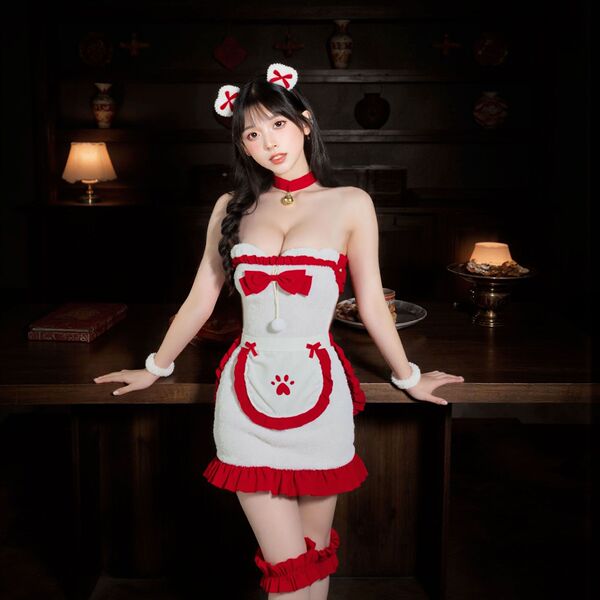 Christmas Bunny Costume for Women - Sexy Lingerie Role Play Outfit, Festive Stage Wear & Party Dress - White (socks not included)