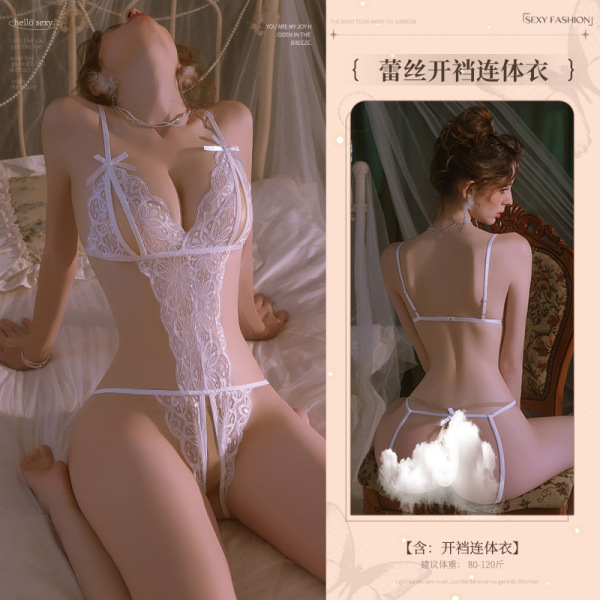 Mannyan Lace Open-Crotch Bodysuit - Sheer Mesh Sexy Lingerie Outfit for Women - 6921183324797 White [Single Open Crotch Bodysuit]