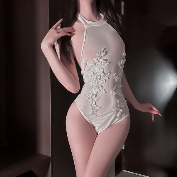 Sexy Sheer Lace Bodysuit - Hook-and-Eye Backless Thong Bodysuit for Women, Seductive See-Through Mesh Outfit - White single-piece