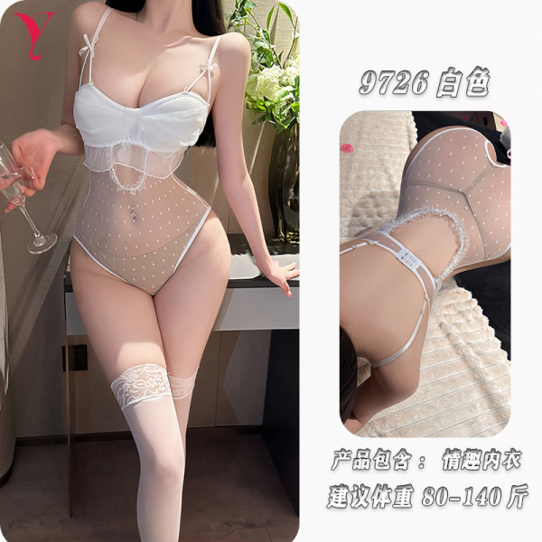 Night Silk Sexy Lace Bodysuit - Sheer Mesh Cut-Out Romper with Open-Crotch Design & Matching Set - White bodysuit [socks not included]