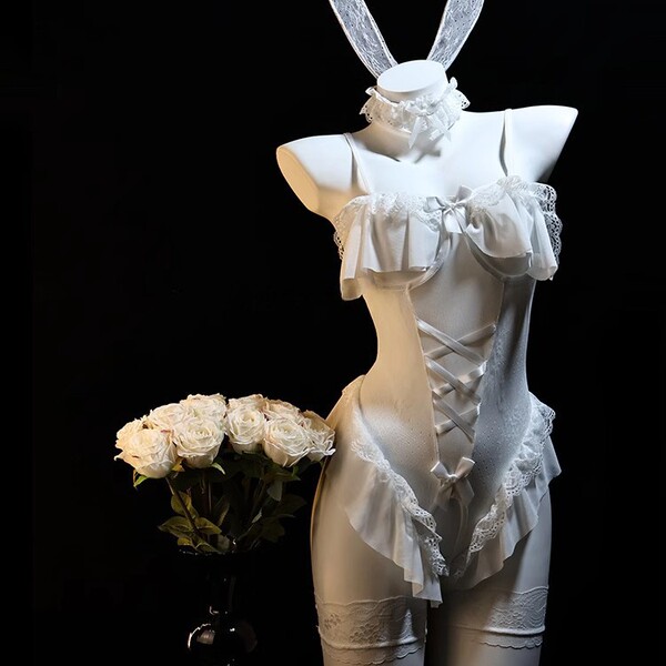 Pure & Tempting Lingerie Set - Modest Yet Sexy Open-Crotch Bunny Girl Cosplay Sleepwear Outfit - White [bodysuit + headband + underwear]