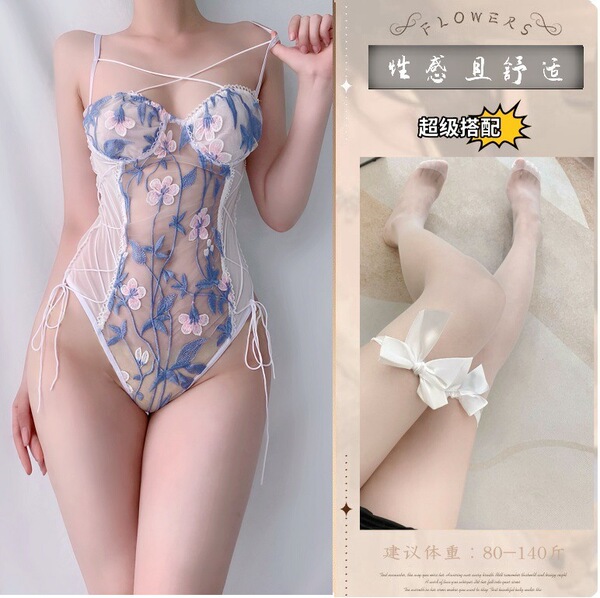 Seductive Maid Costume Lingerie Set - Modest Yet Tempting QQNY Erotic Sleepwear for Women - White bodysuit + white bow-tie stockings
