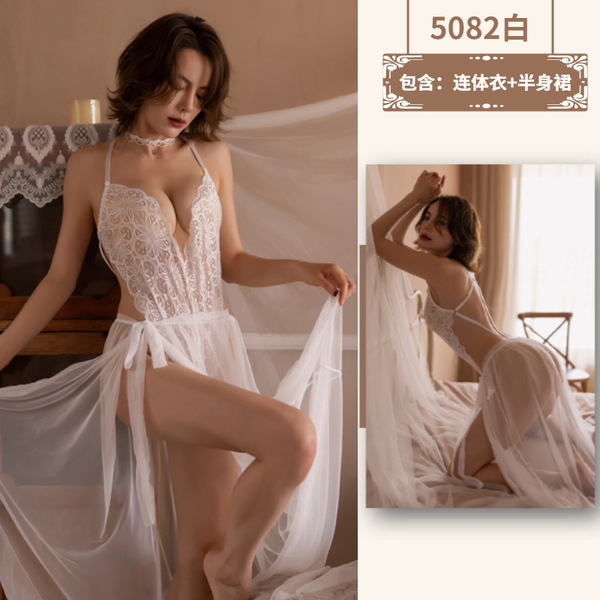 Lace Sheer Temptation Robe - Sexy High-Slit Uniform-Style Sleep Dress for Women, Erotic Lingerie Set - White + Red Bellyband