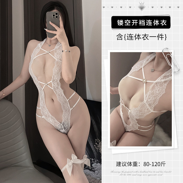 Sexy Lace Bodysuit Sleep Set - Sheer Provocative Open-Crotch Sleep Dress with Seductive Pure-Delight Design - White stockings with white bow + lace jacket