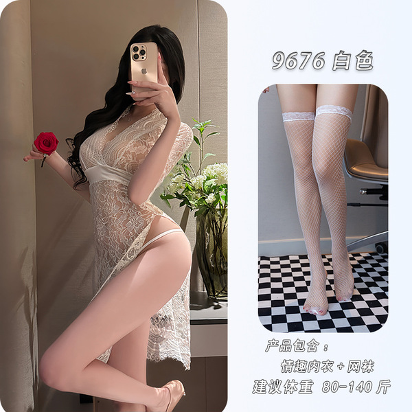Night Silk Seductive Lace Long Dress - High Slit Busty Femme Fatale Costume, Sexy Uniform Style - White + matching fishnet stockings