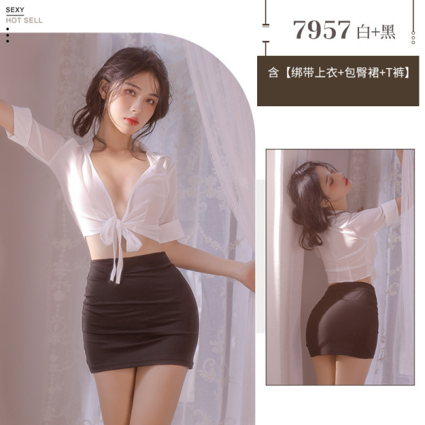 Sexy Sheer Secretary Costume Set - Tempting Office Uniform with Pencil Skirt & No-Remove Design - White Secretary