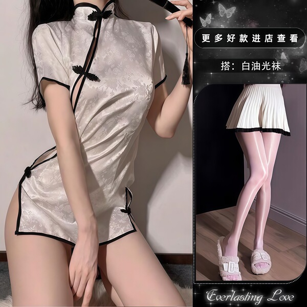 QQNY Pure Allure Sleepwear Set – Elegant Sensual Lingerie for Women, Luxury Bedroom Wear - Sexy white pajamas + white glossy stockings