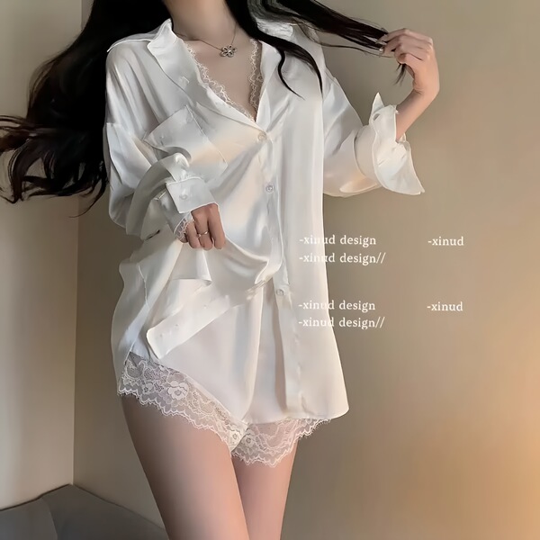 Women's Spring Summer Ice Silk Sleepwear Set – Lace Trim White Shirt Dress & Shorts, Pure & Alluring Loungewear - White top + shorts