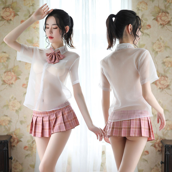 Sexy Student Uniform Set: Sheer Shirt, Bow Top & Plaid Pleated Skirt - SuoQing Lingerie - White top + bow tie + pink plaid