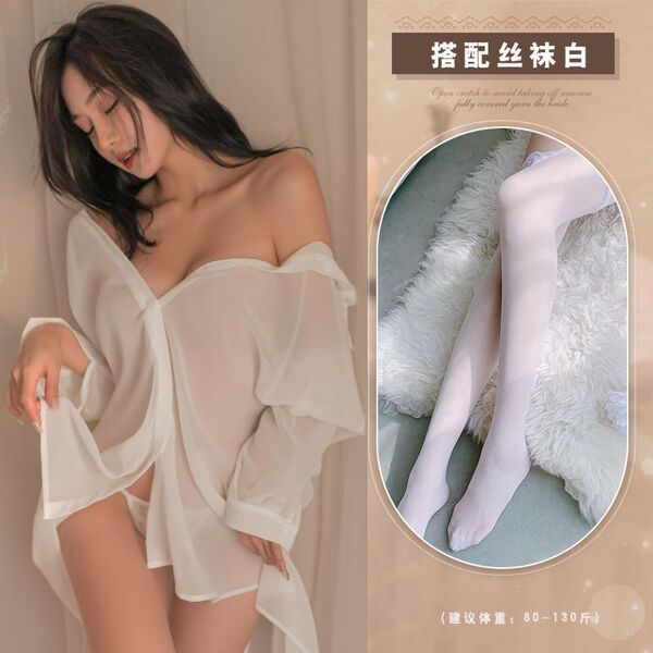Sexy Women's Sleepwear Set - Busty Boyfriend Shirt Style Lingerie Dress, Flirty Summer Nightgown - White shirt + white stockings