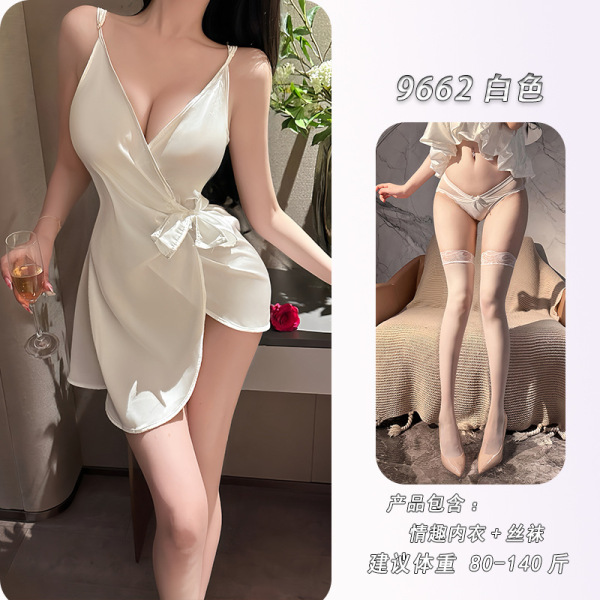 Feiniao Moonlit Lingerie Set - Sensual Waist-Cinching Sheer Deep V-Neck Tie-Detail Sleep Dress - White + matching stockings