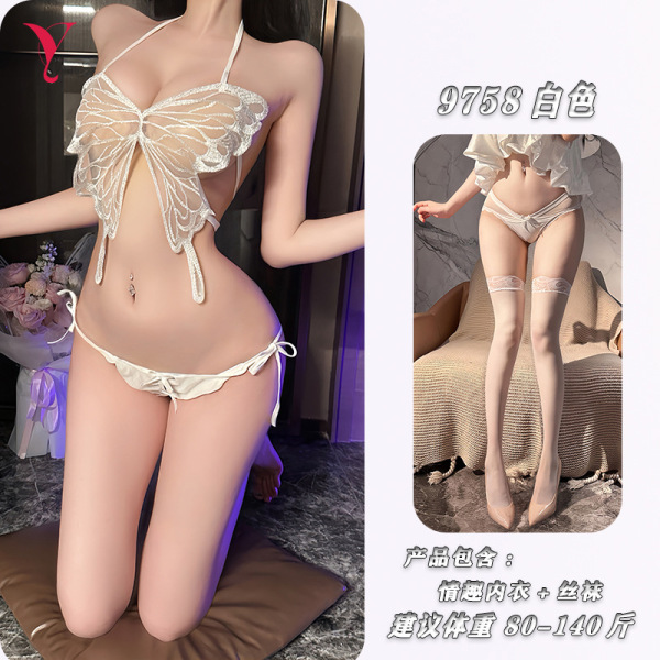 NightSigh NightSeduction Sexy Butterfly Bikini Set - Flirty Uniform-Style Tie-Dye Belly Top & Matching Bottoms - White suit + matching stockings