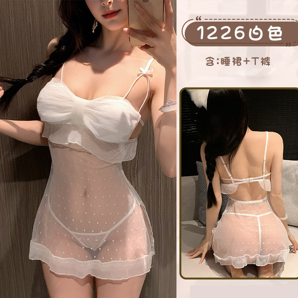 Seductive Lace Sheer Bodysuit for Women - Sexy See-Through Mesh Lounge Set, Pure Temptation Home Wear - White nightgown + stockings