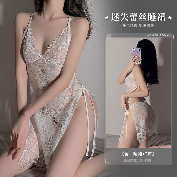 Seductive Lace Sleepwear Set for Women – Sheer Transparent Bodysuit with Tied Straps, Pure Temptation Lingerie - White (nightgown + thong)