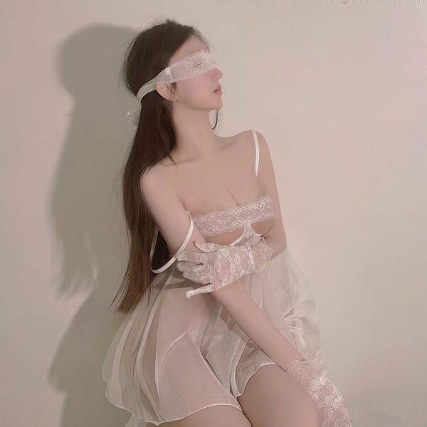 Plus Size Lace Sexy Sleepwear Set - Sheer Mesh Peekaboo Pajamas with Push-Up Effect & No-Remove Design - White nightgown + T-shirt + matching eye mask