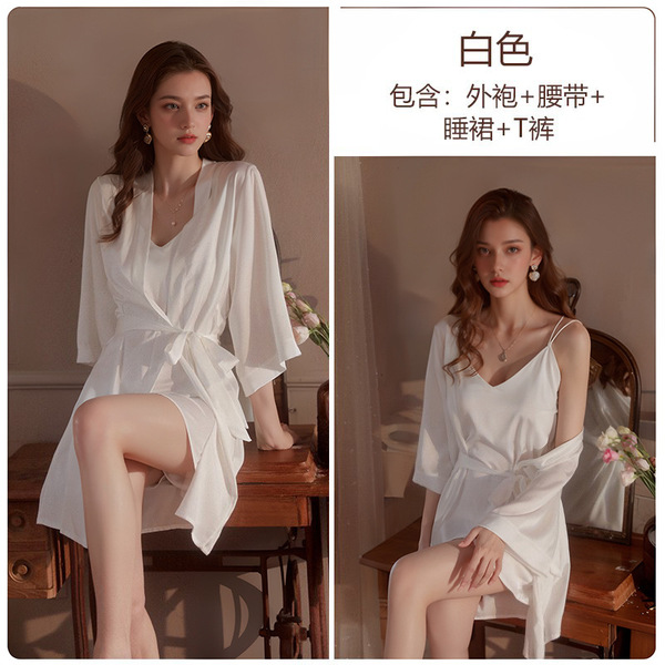 Seductive Lace Deep V-Neck Backless Sleep Dress for Women – Sexy Lingerie Sleepwear, Easy-On Bedroom Outfit - White (nightgown + thong + robe + belt)