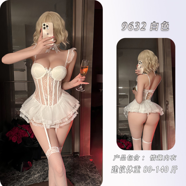 Night Desire Lace Mesh Lingerie Set - Seductive Sheer Pleated Mini Dress for Women - White (excluding socks)
