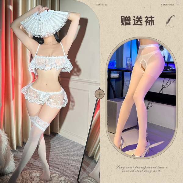 Qingran Women's Lace Sexy Sleepwear Set - Sheer Mesh Open-Crotch Three-Piece Nightwear - White + white open-crotch socks
