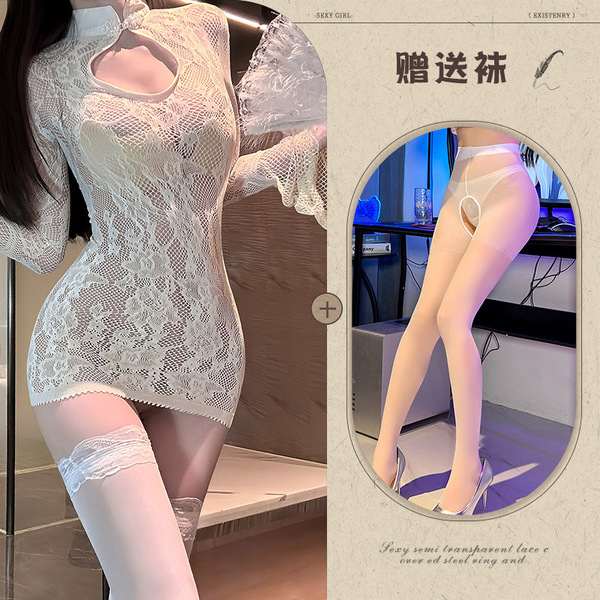 Manyeqing New Chinese Style Lace Mesh Cheongsam Lingerie Set - Sexy Sheer Cut-Out Bodysuit for Women - off-white + white open-crotch socks