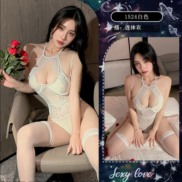 Sexy Lace Bodysuit with Halter Neck – Flirty Plus Size Lingerie for Women, Yoga Pants & Sleepwear Set - White [Underwire Bodysuit] without socks