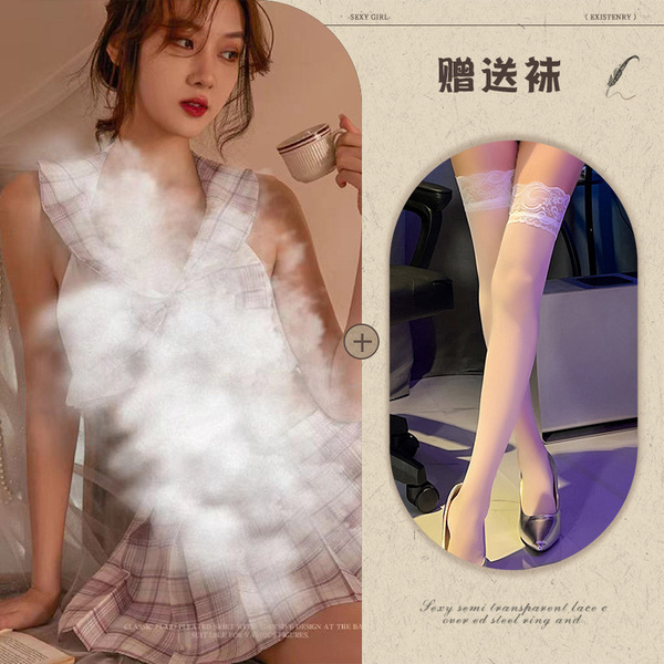 Qingran Sexy Plaid JK Uniform Set - Summer Student Lingerie with Lace-Up & Cut-Out Details - Picture set + white stockings